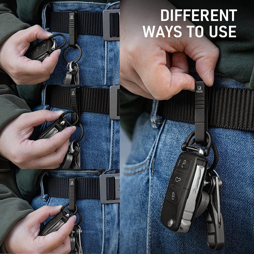 FEGVE Titanium Keychain with Belt Clip, Belt Loop, Carabiner, Stylish Keychain for Car, Bicycle, Motorcycle, and House Keys, Gift with Key Clip (BK1S/
