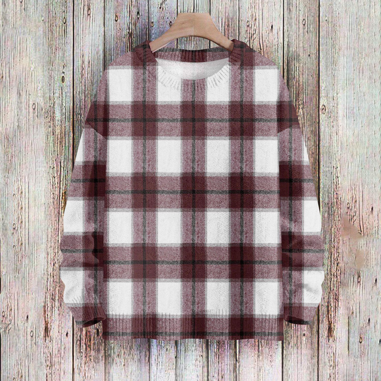 

Женский модный повседневный свитер с длинными рукавами, клетчатым принтом и круглым вырезом, вязаный топ XXXXXL