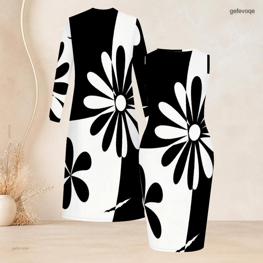 Women Plus Size Two Piece Set Long Sleeve Open Front Cardigan Sleeveless Bodycon Dress Black White Striped Printed