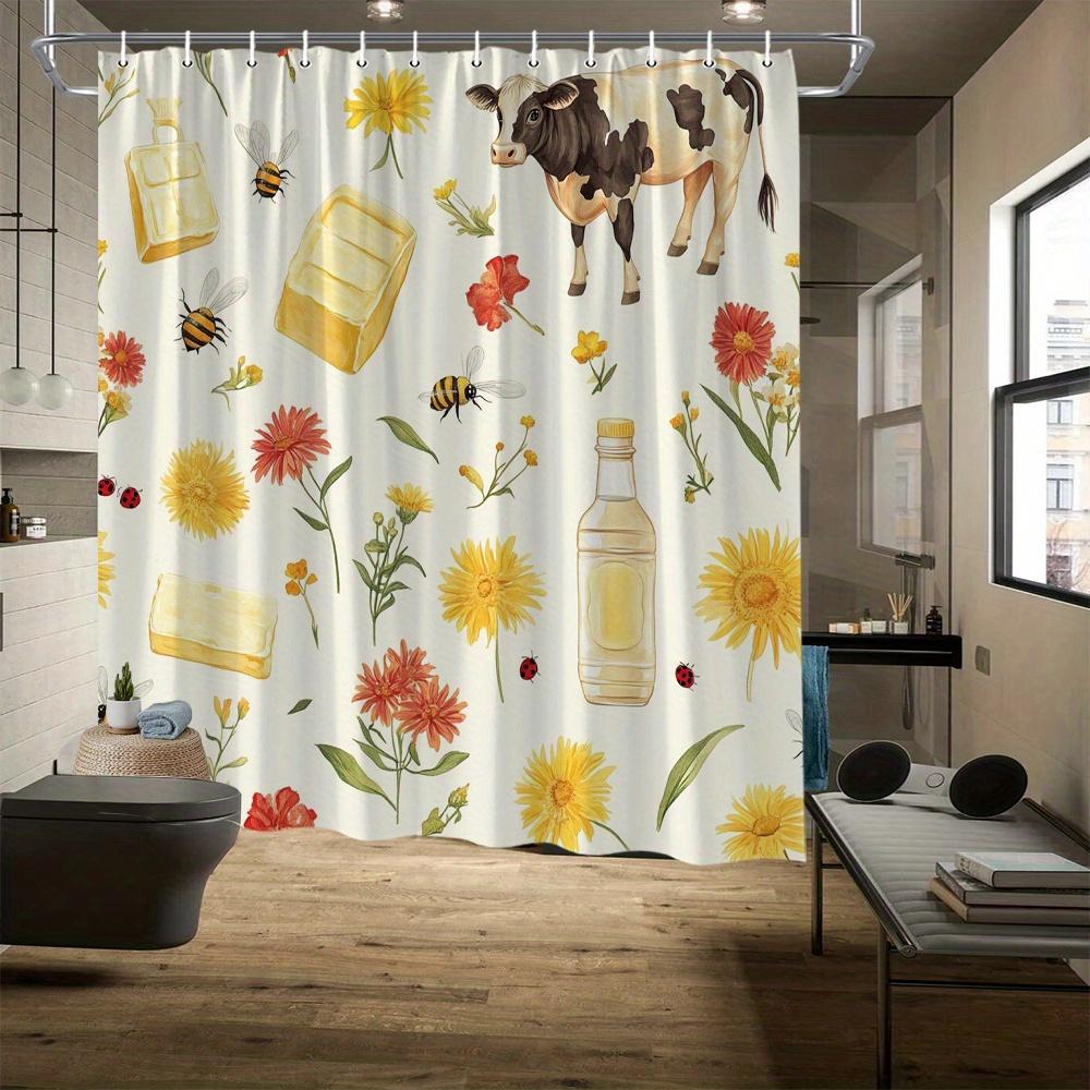 

Farmhouse Shower Curtain - Watercolor Cow & Flowers, Cozy Rustic Bath Decor, Durable Polyester W60H190(CM)-1 Pcs