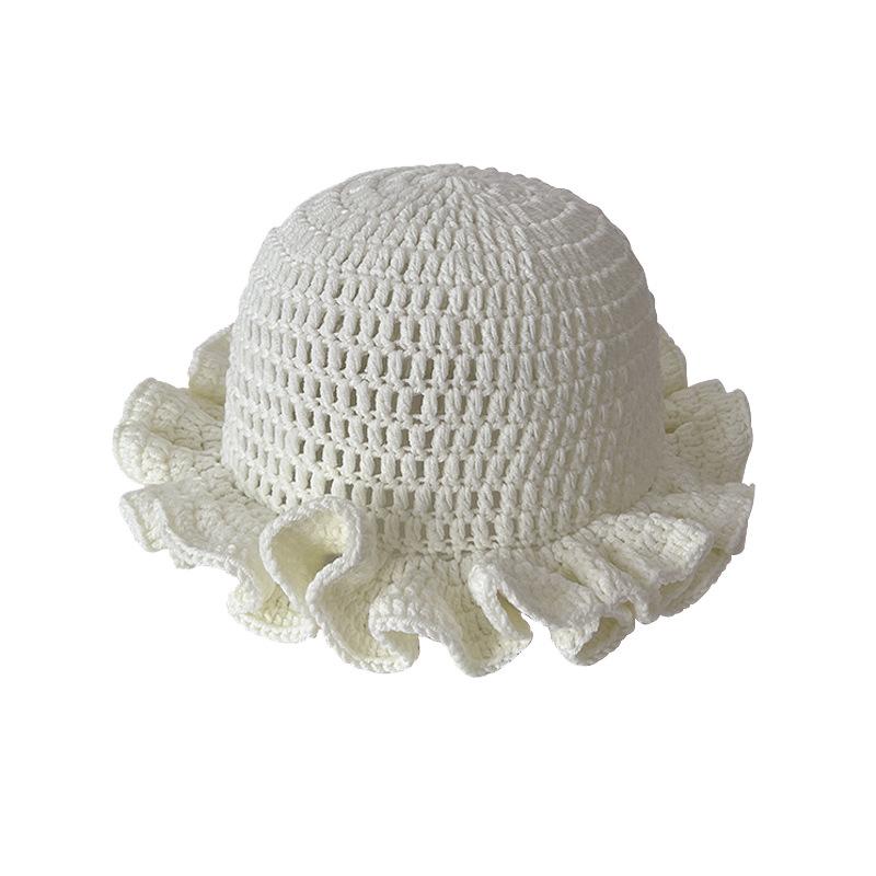 Spring, Autumn and Winter Crochet Pleated Bamboo Hat Adult Lace Wool Hat Ruffle Leaf Edge Pullover Fisherman Bucket Hat