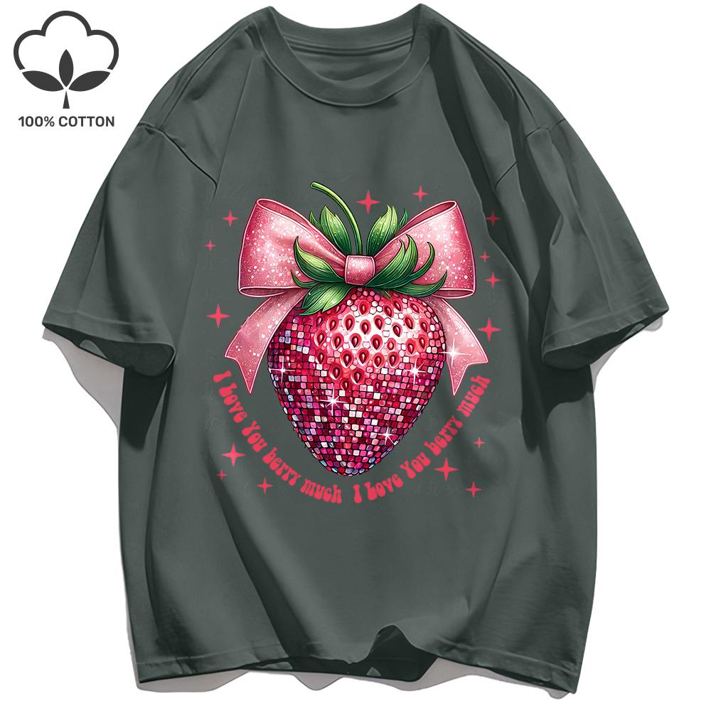 I Love You Very Much Strawberry Print Women T Shirts O-Neck T-Shirt Casual Comfortable Clothes Soft Cotton Woman Tops