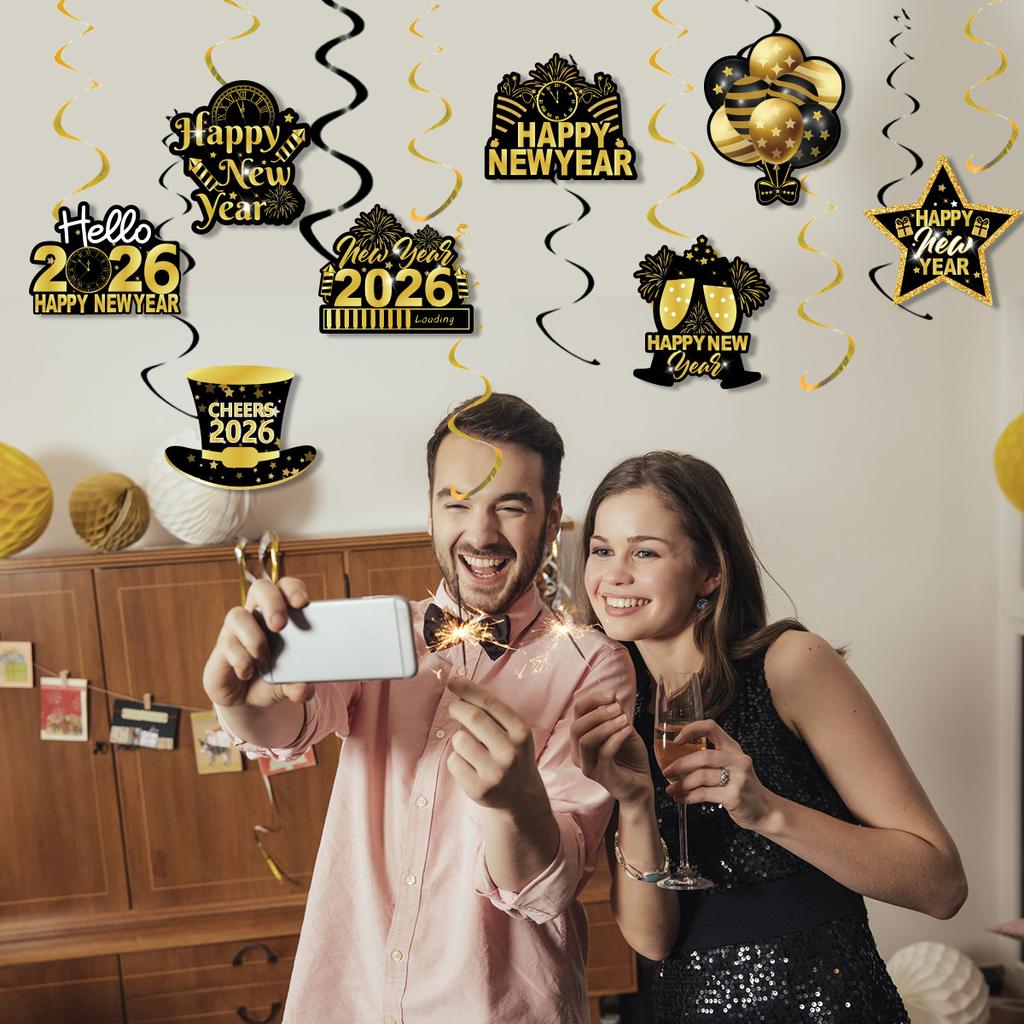 Black Gold Happy New Year 2026 Banner Decorations Hanging Bunting for Spiral Swirls New Year Party Ceiling Streamers Decorations