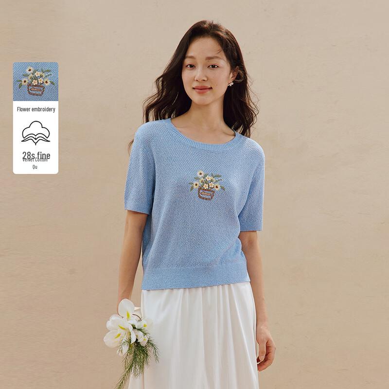 INMAN Retro Embroidered Short Sleeve Knit Top M