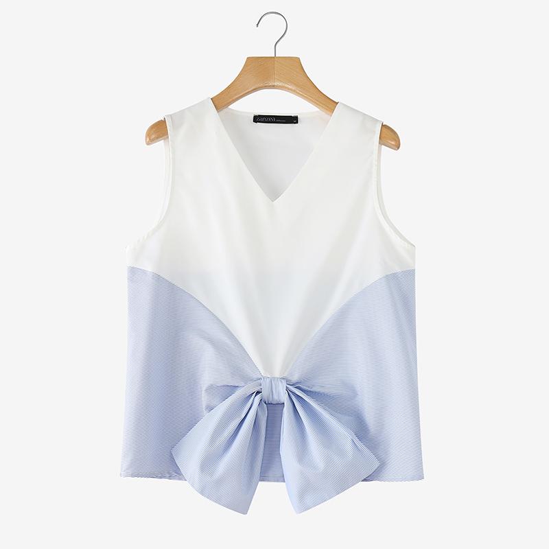 ZANZEA Women Stripe Print Splice Summer Casual V-Neck Sleeveless Vest Tops M синий