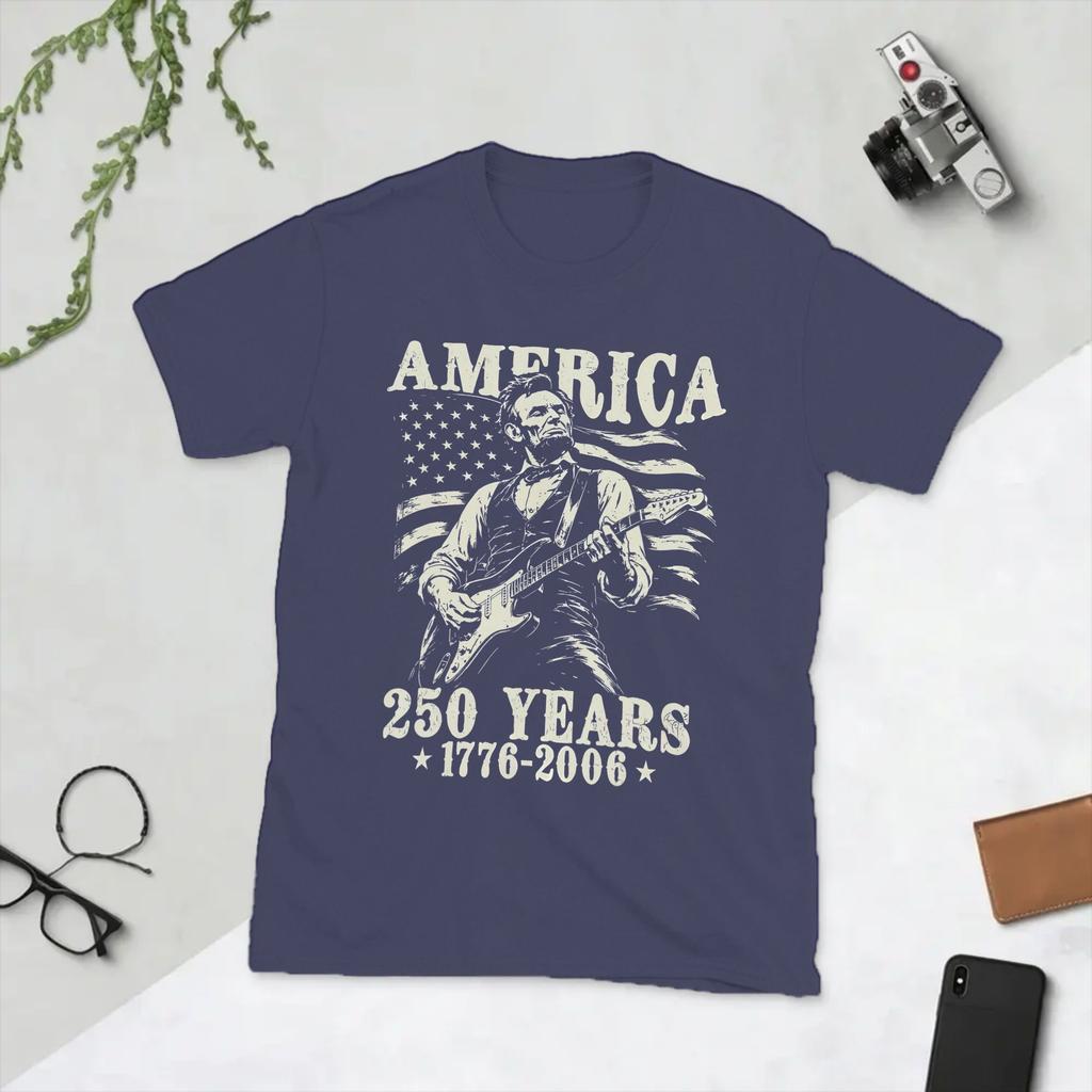Abraham Lincoln Playing Guitar 4th July 250th Anniversary Unisex T Shirt Vintage Tees Short Sleeve TShirts Pure Cotton Clothing