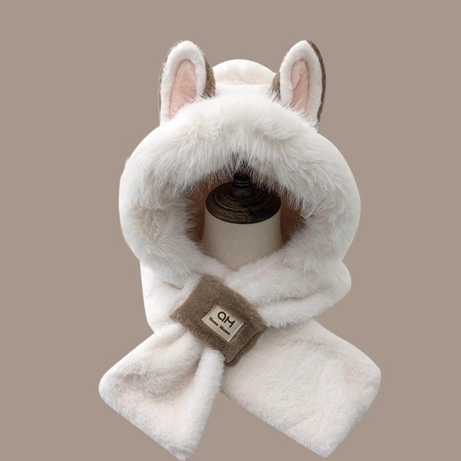 Cute Shiba Inu Long Ear Plush Winter Hat Scarf Set for Girls, Warm Two-Piece Cartoon Outfit