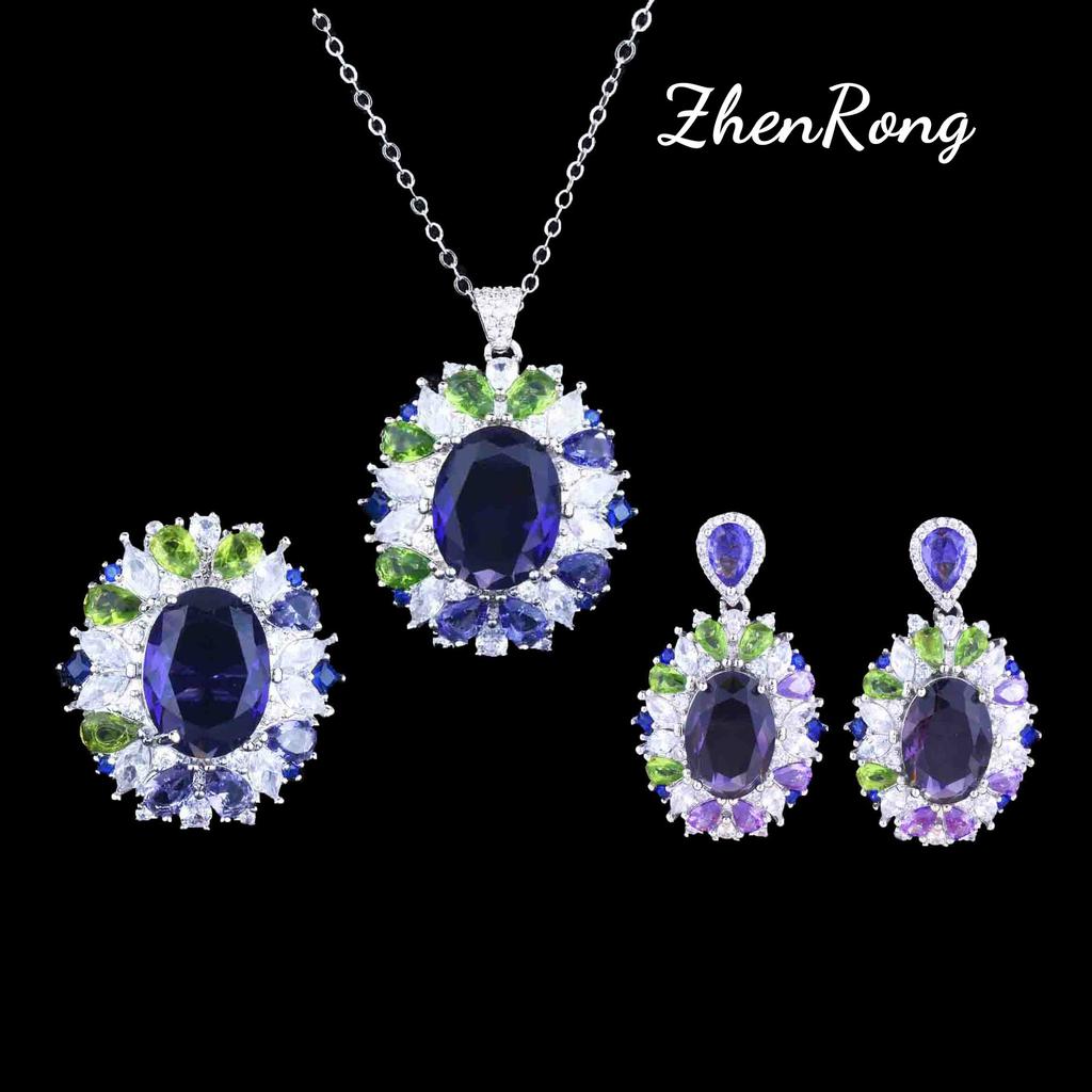 Foydjew New Secret Garden Series Simulation Color Tourmaline Jewelry Sets Pendant Necklaces Earrings Rings For Women Banquet Set