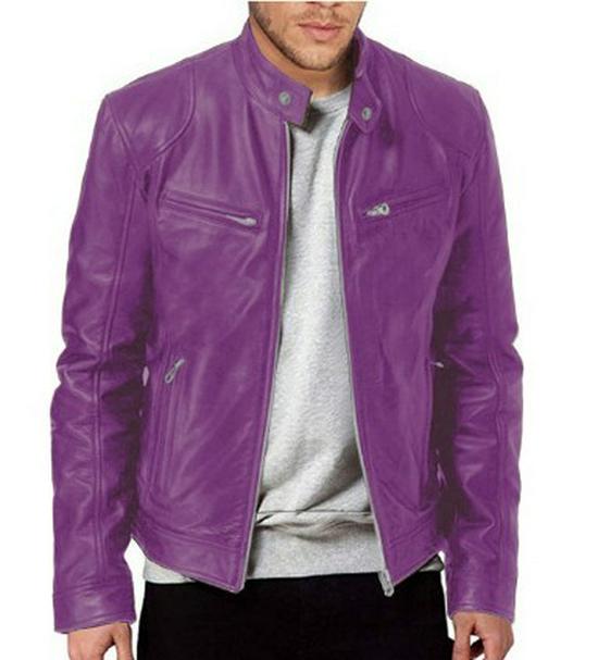 Men's European & American Stand-up Collar Punk Motorcycle Leather Jacket with Logo