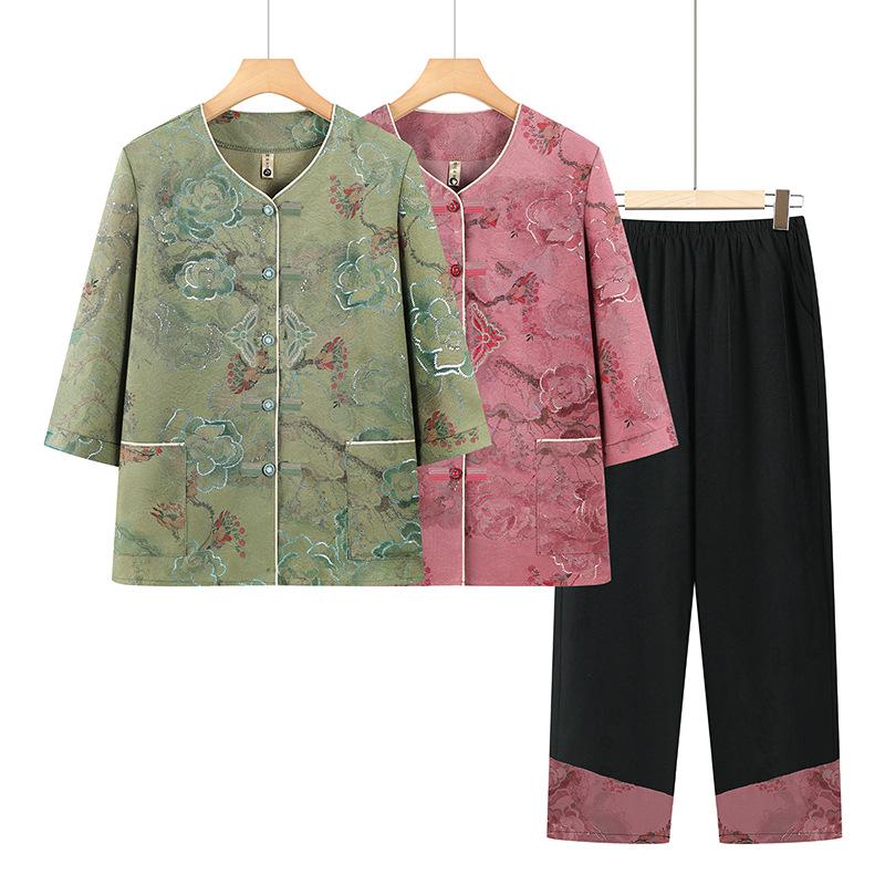 Women's Summer Clothing Set: Seven-Quarter Sleeve Top & Pants for Middle-Aged and Elderly Moms and Grandmas
