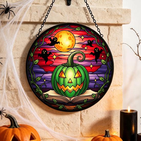 Stained Glass Style Acrylic Suncatchers Halloween Pumpkin Suncatcher, Round Window Hanging Ornament, Mysterious Holiday Theme Wall Displays Full Moon