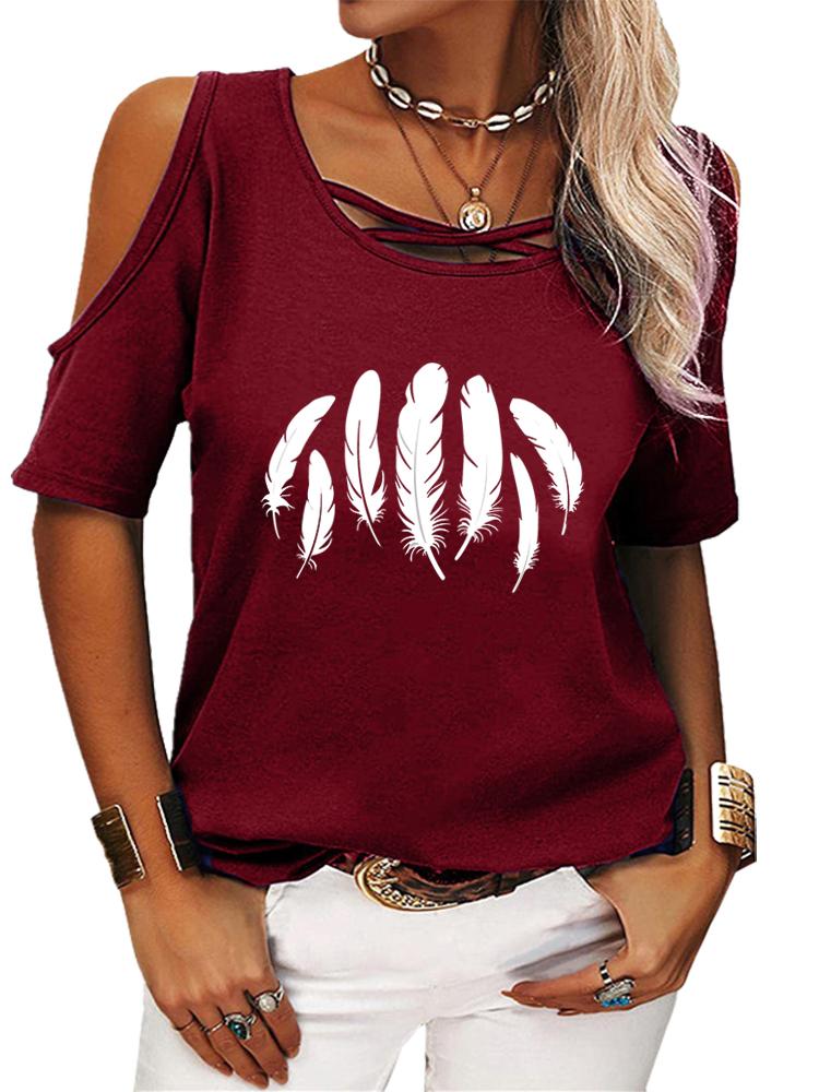 Women Casual Short Sleeve Shirt Summer O Neck T-shirt Ladies Fashion Print Off Shoulder Top