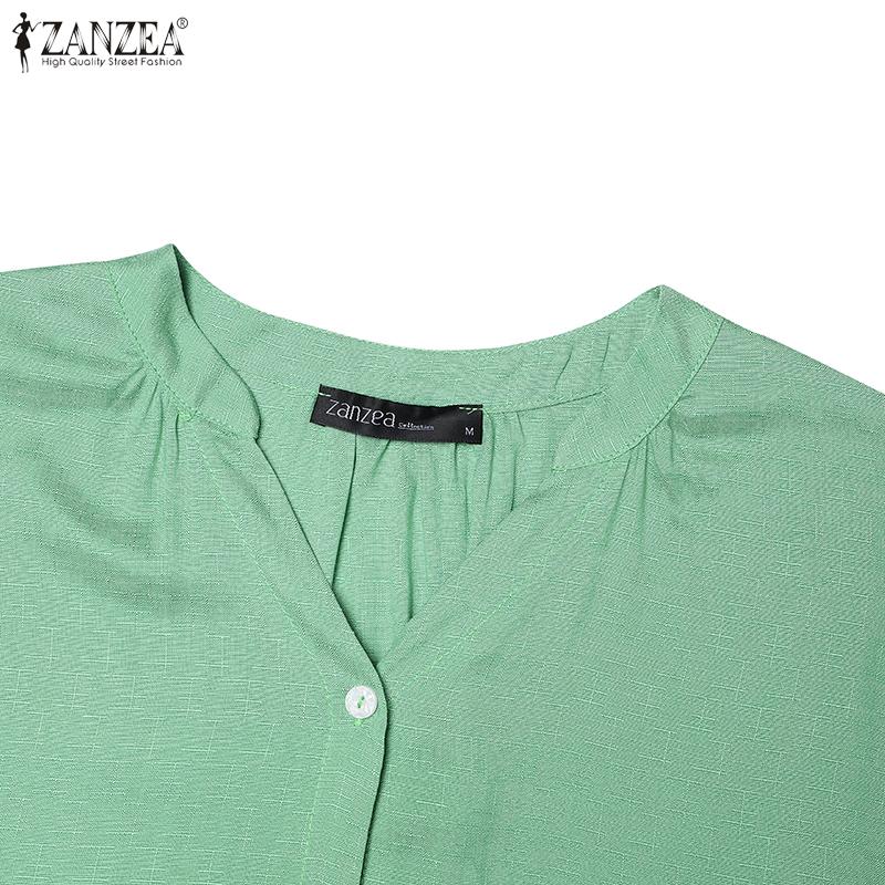 ZANZEA Women Round Neck 3/4 Sleeve Solid Color Casual Thin Blouses