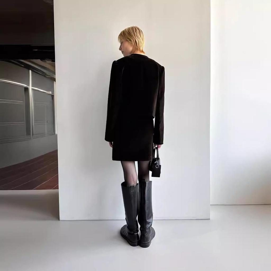 Elegant Dark Brown Single-Breasted Jacket & Skirt Set