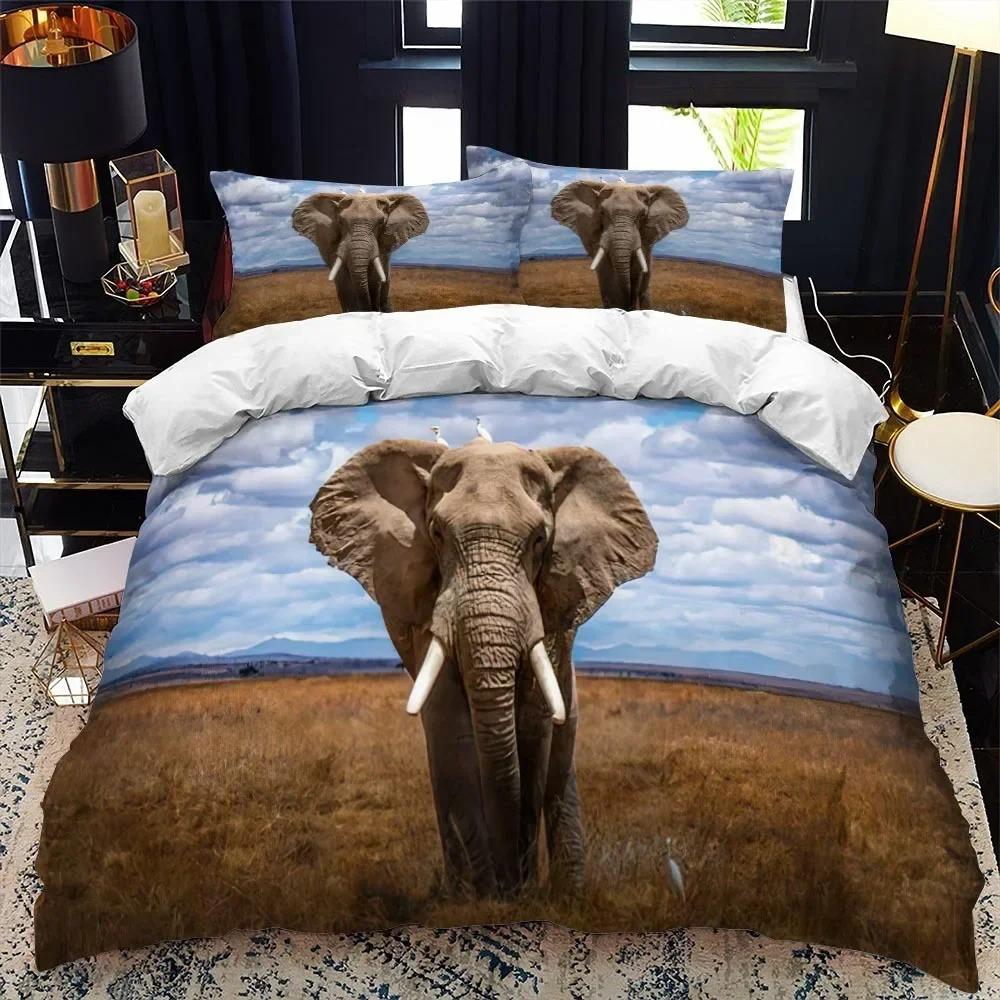 Safari Elephant Duvet Cover Set, Wild Animal Print Bedding Quilt Cover Pillowcases for Adults Twin Queen King Size