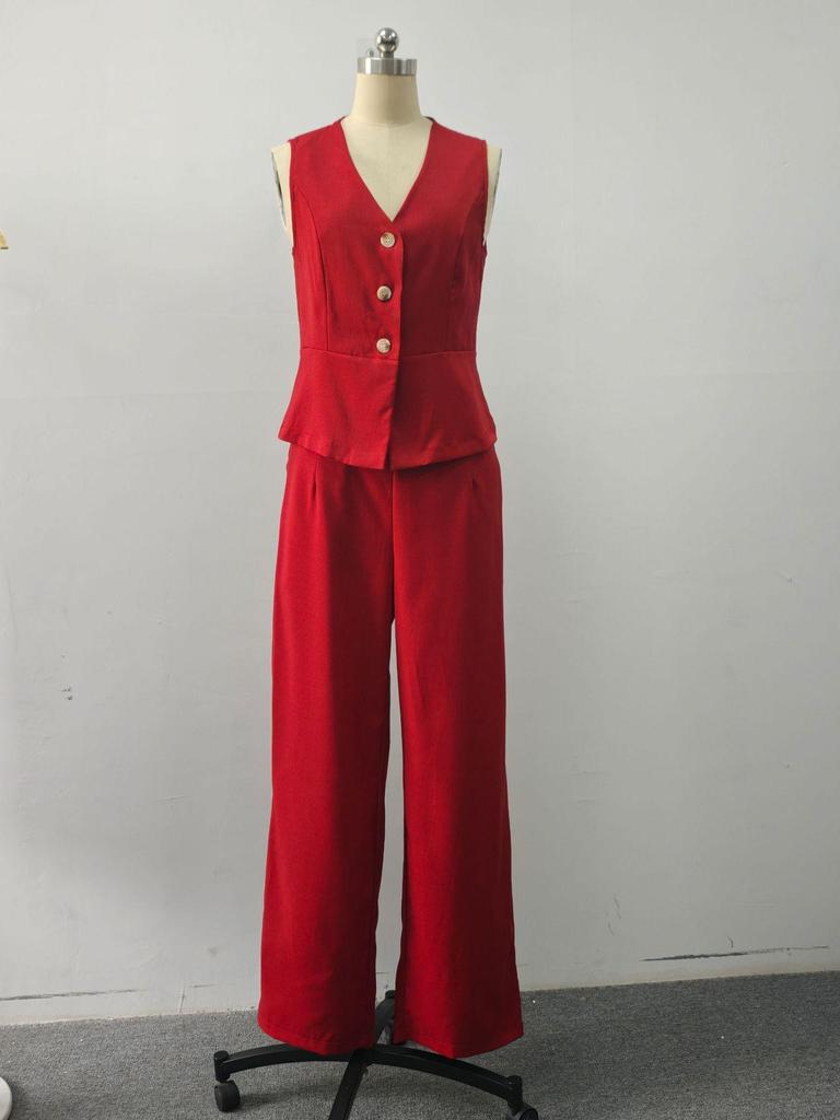 Elegant Women's V-neck Vest & Long Pants Summer Two-piece Set