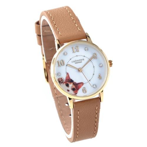 

Calico Cat Beckoning Cat Genuine Leather Wristwatch, Beige