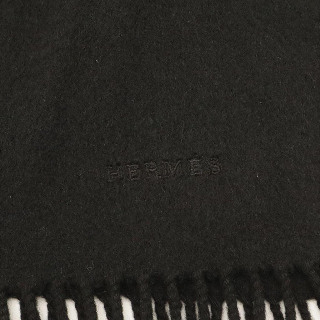 Used HERMES scarf stole fringe logo embroidery 100% cashmere black