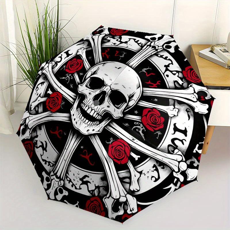 Skull & Roses Crossbones Tattoo Design StickerUmbrella with Cute Design, Portable 3-Fold Compact Umbrella for Men & Women, Valentine s Day Mother s Da