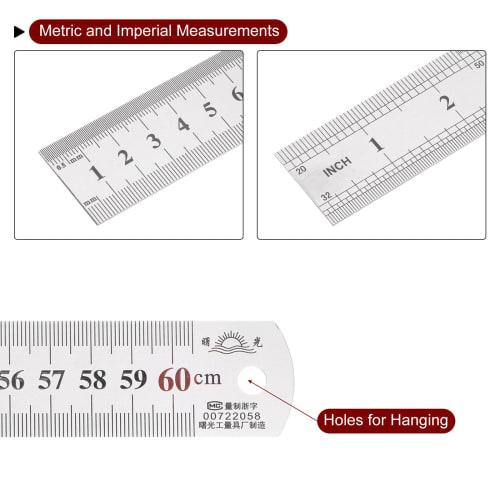 uxcell Stainless Steel Ruler Set of 2, 60cm/24" Length x 1/28" Thickness x 1-1/7" Width, Straight Measuring Tool for Woodworking, Painting, and Crafts