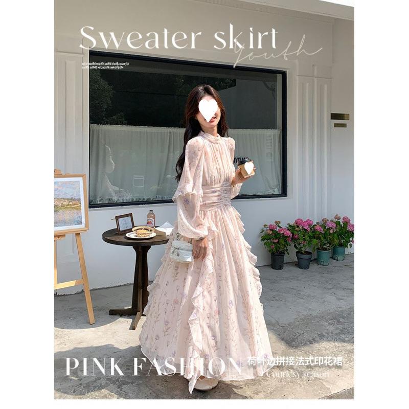 French Floral Dress Chiffon Long Dress Long Sleeve Skirt Autumn Senior Wear Dress Women's New Gentle Wind