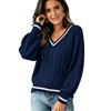 Women's V-Neck Cable Knit Sweater Loose Fit Color Block Long Sleeve Pullover Top