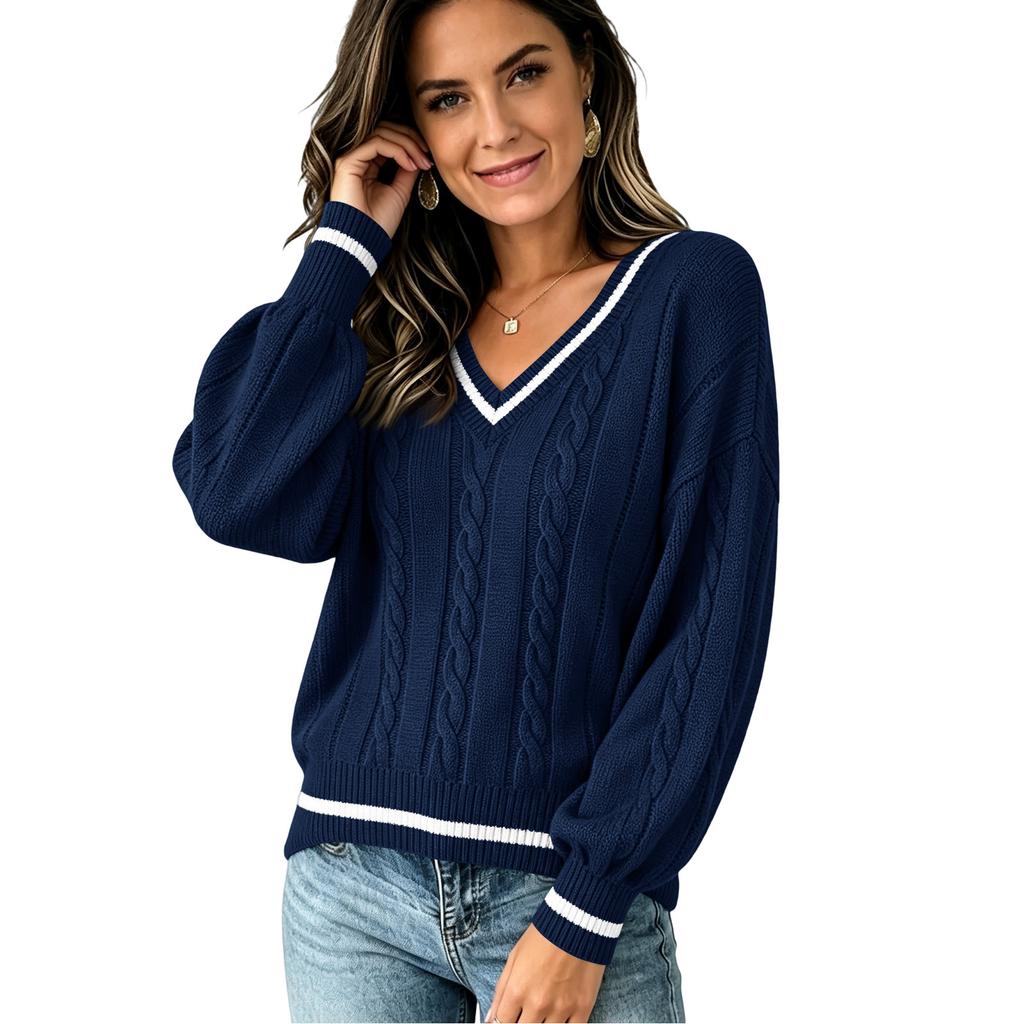 Women's V-Neck Cable Knit Sweater Loose Fit Color Block Long Sleeve Pullover Top