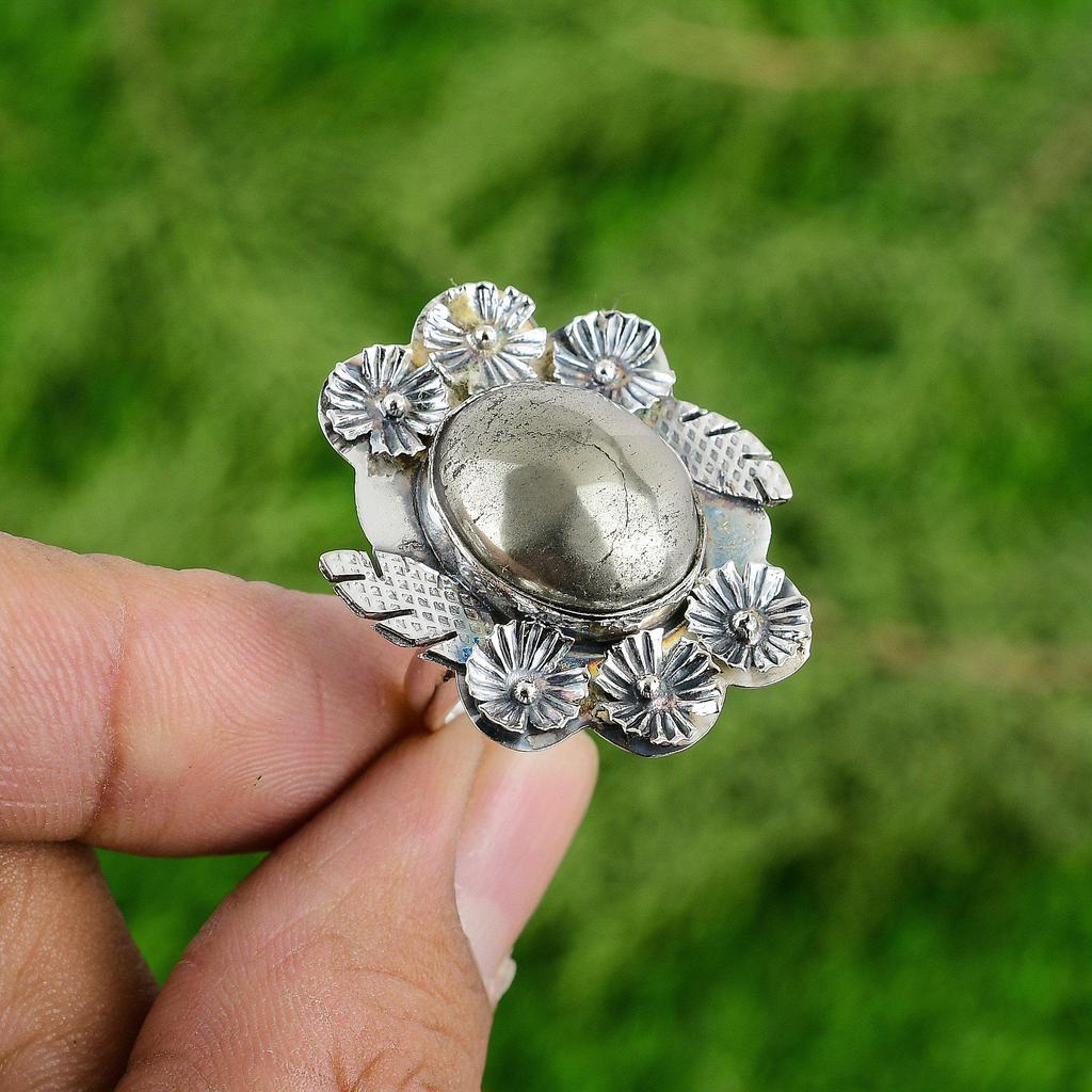 Gift For Women Multi Stone Flower Adjustable Ring 925 Silver Natural Pyrite