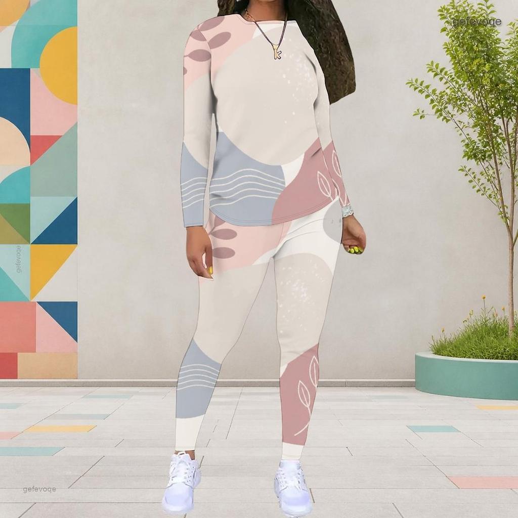 Women Plus Size Printed Round Neck Long Sleeve Top And Fitted Pants Two Piece Set