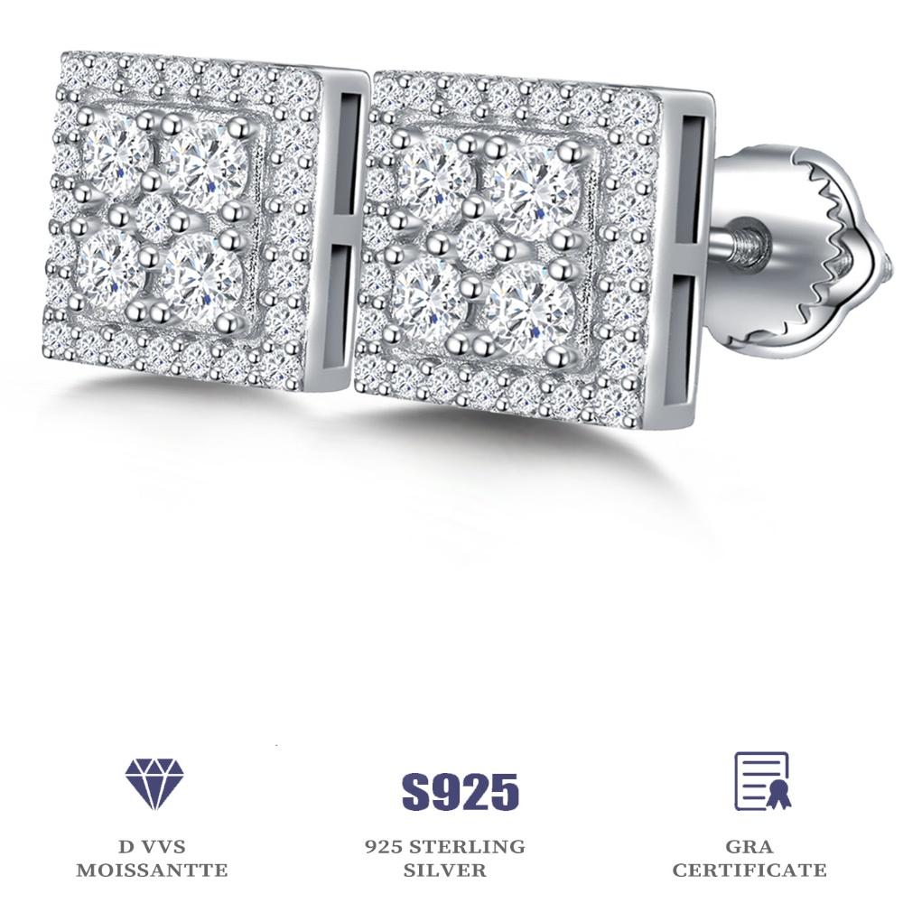Moissanit Prawdziwe Męskie Prawdziwe Srebro Próby 925 Iced Hip Hop Kwadratowe Kolczyki