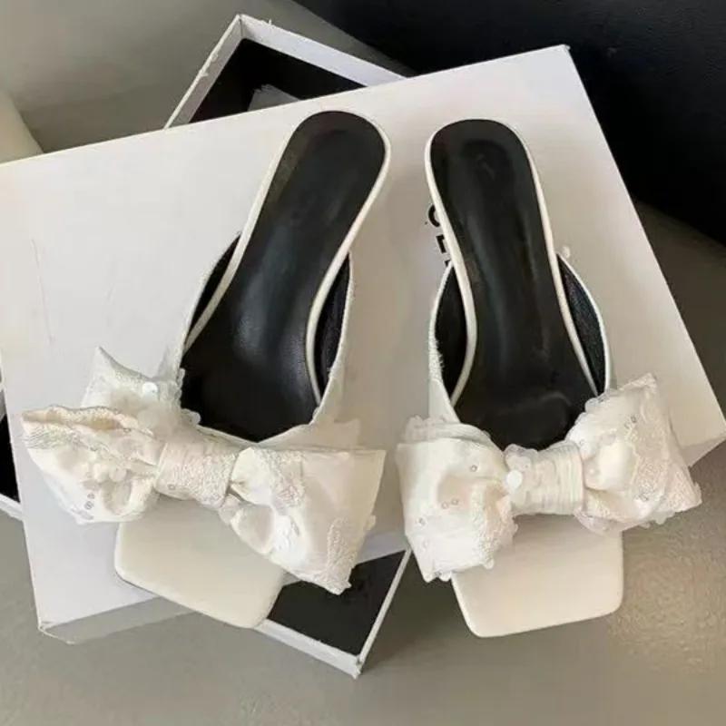 

2025Блинг Котенок Высокий Каблук Тапочки Бант Сандалии Женские Туфли с Квадратным Носком Лето 35 белый