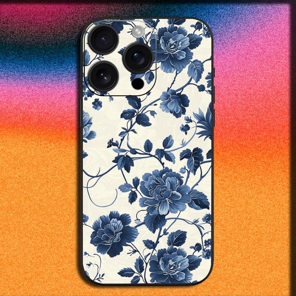 Blue and White Porcelain Phone Case For iPhone 16,15,14,13,12,11,Pro,XS,Max,XR,Plus,E,Mini Soft Black Cover