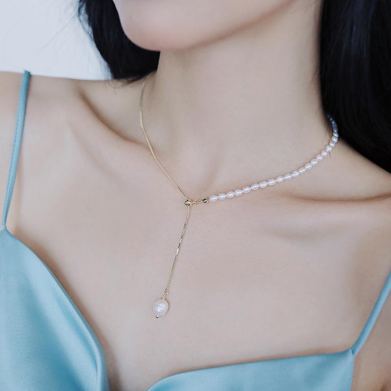 Women's Freshwater Pearl Y-Shaped Clavicle Necklace with Adjustable Sliding Buckle