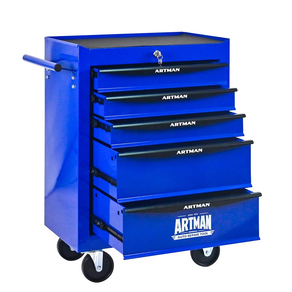 Mobile Metal Tool Cabinet with 5 Drawers, 508 mm (20 Inch), with Ball-Bearing Drawer Slides, Organizing Steel Tool Box - Black-Blue