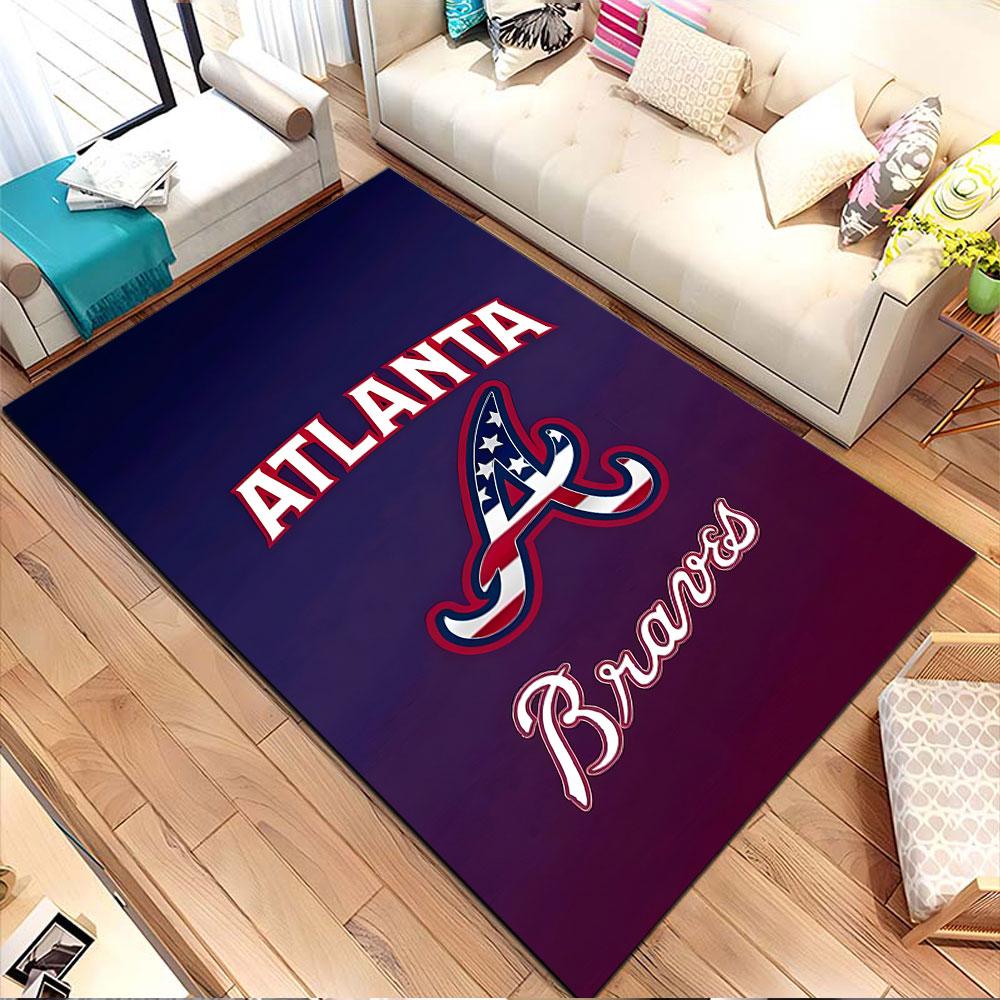 Atlanta Braves Logo with USA Flag Theme Patterned Carpet, Non Slip Mat Suitable for Living Room and Bedroom Sofas