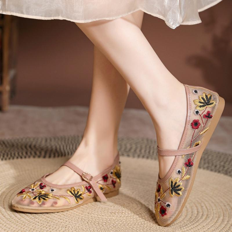 Fashion Ballet Flats 2025 Mesh Breathable Luxury Designer Embroidered Flower Mary Jane New Summer Light Comfortable Women Flat Shoes