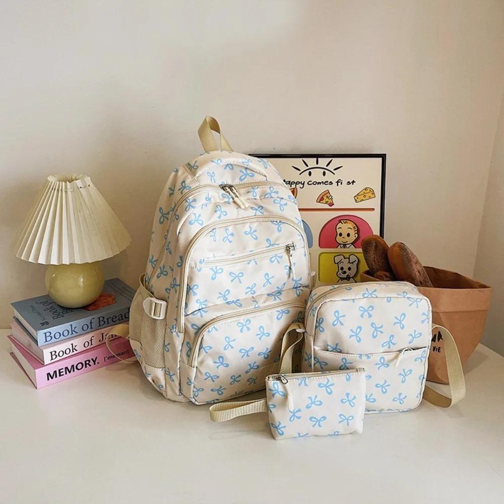 3 Pcs/Set Fashion Large Capacity Bow Backpack Bow Print Adjustable Strap Student Backpack Nylon School Bag