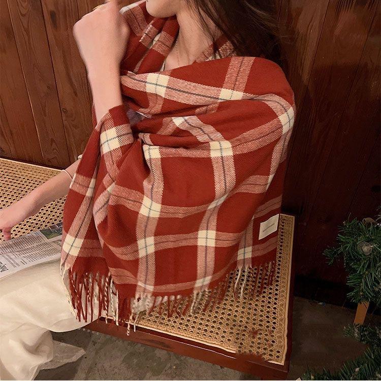 Red Plaid Imitation Cashmere Scarf Women's Fashion Autumn and Winter Warm Scarf Fringed Scarf Lightweight Autumn/Winter Blanket Wrap for Casual Outing