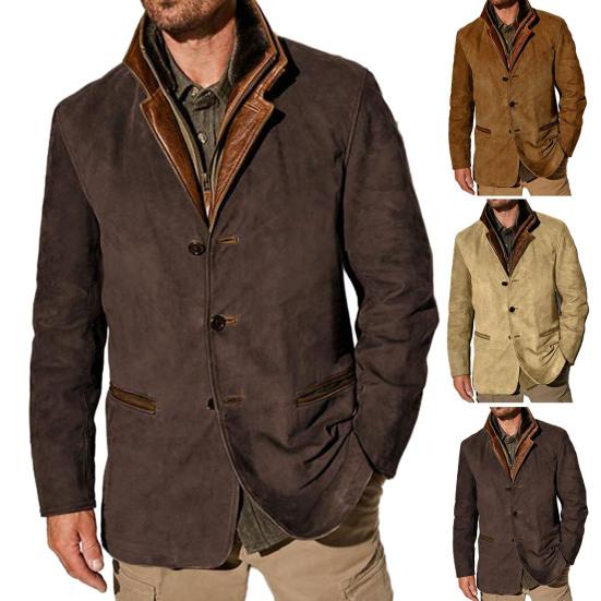 Winter Fall Men Jacket Retro Patchwork Fake Two-piece Fake Pockets Single-breasted Cardigan