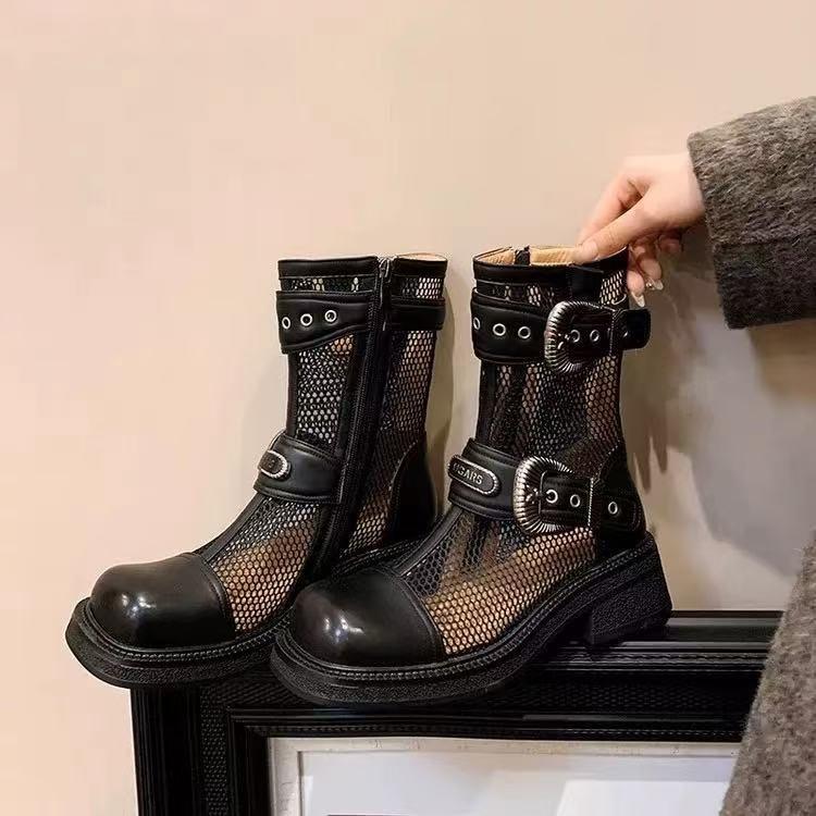 4.5Cm Medium Heel Thick-soled Mesh Boots Women's Summer New Hollow Mesh Thin Short Boots Belt Buckle British Cool Boots