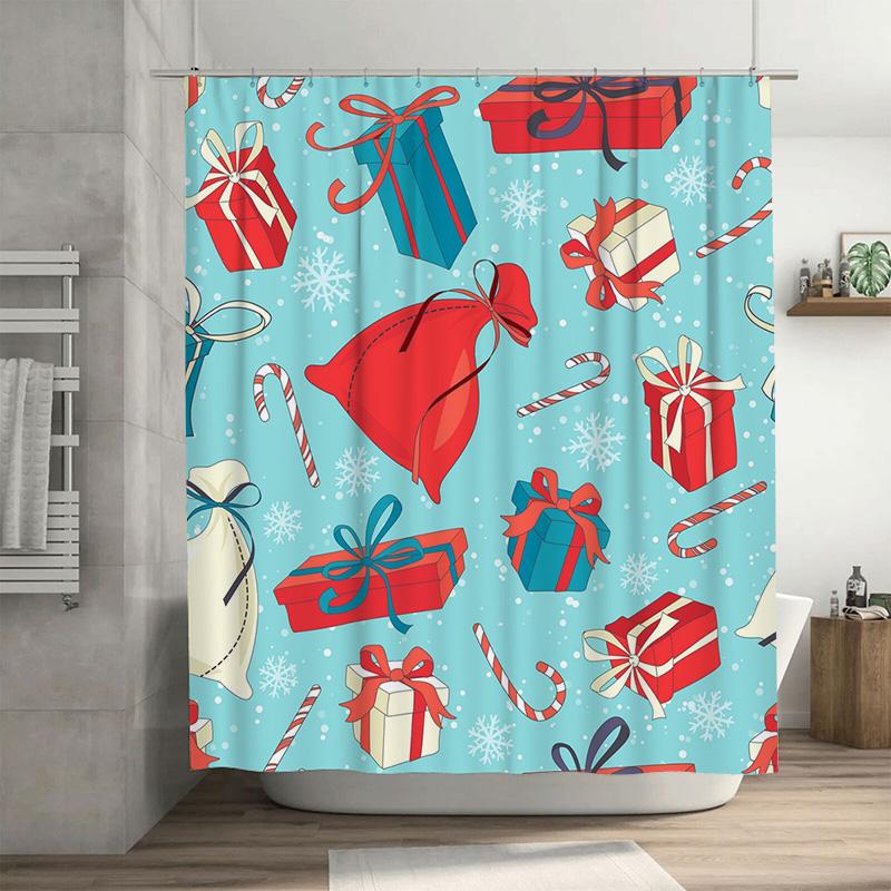 

Tu Christmas Shower Curtain Festive Holiday Decor Reindeer Snowflakes Gift Box Pattern Bathroom Decor Waterproof Holiday Shower W60H190(CM)-1 Pcs