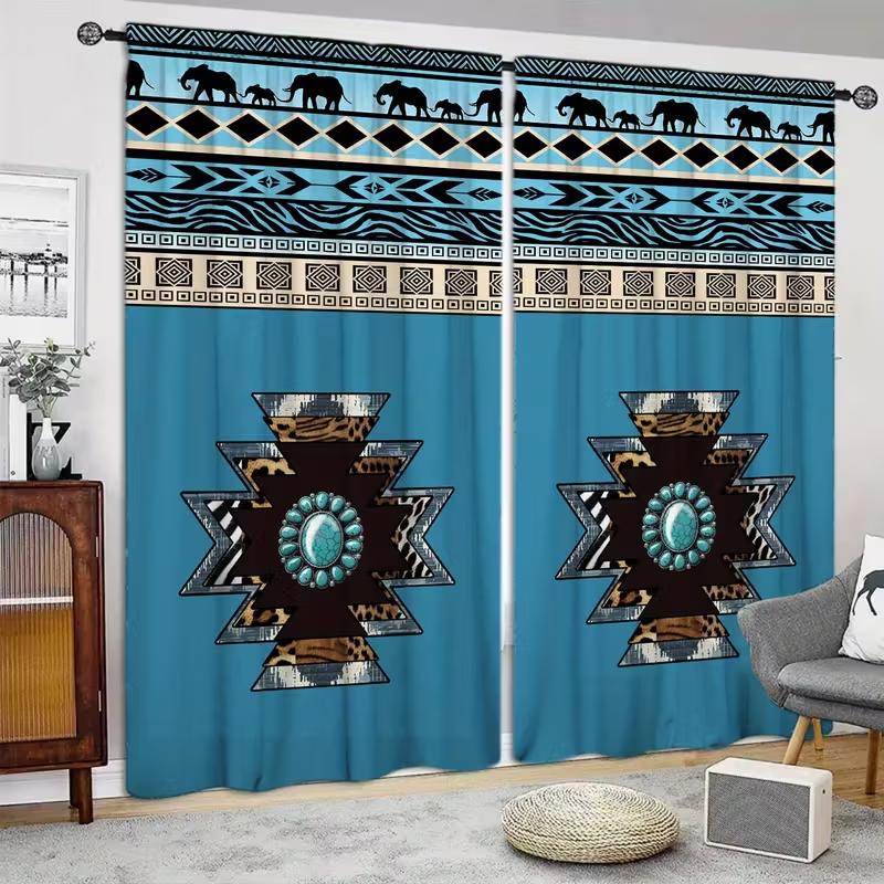 2PCS Hu Qing Ethnic Printed Curtains   Pole Bag Polyester Material Design   Bedroom   Home Decoration