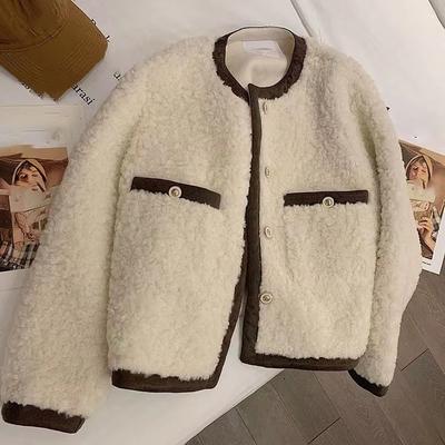 Lamb Wool Jacket Women's Thickened Color Blocking Leather Integrated Sheep Velvet Short Jacket Crew Neck