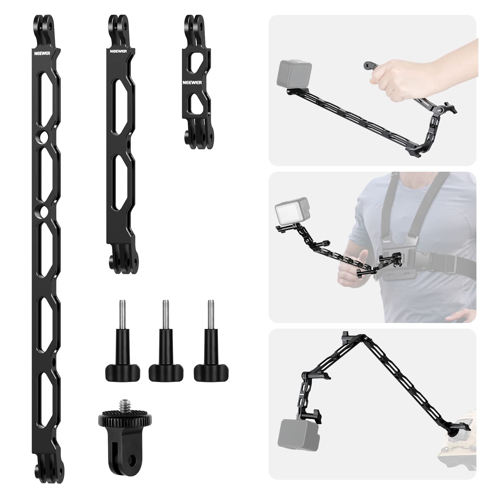 

NEEWER Extension Arm Set Aluminum Alloy for Action Camera 7pcs Helmet Extension Arm with 3 Thumb Screws and Screw Adapter Compatible Hero 13 12 11 10 чорний