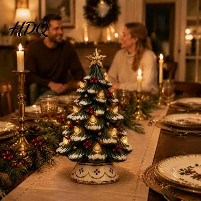 Statue di Natale Vintage Albero Illuminato Decorazione Tavolo in Resina Xmas con Luci LED Calde Artigianato Decorativo Luci