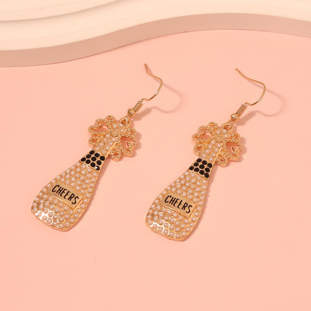 European and American New Long Hollow Flower Geometric Champagne Bottle Alloy Colored Diamond Earrings Fashion Pearl Earrings