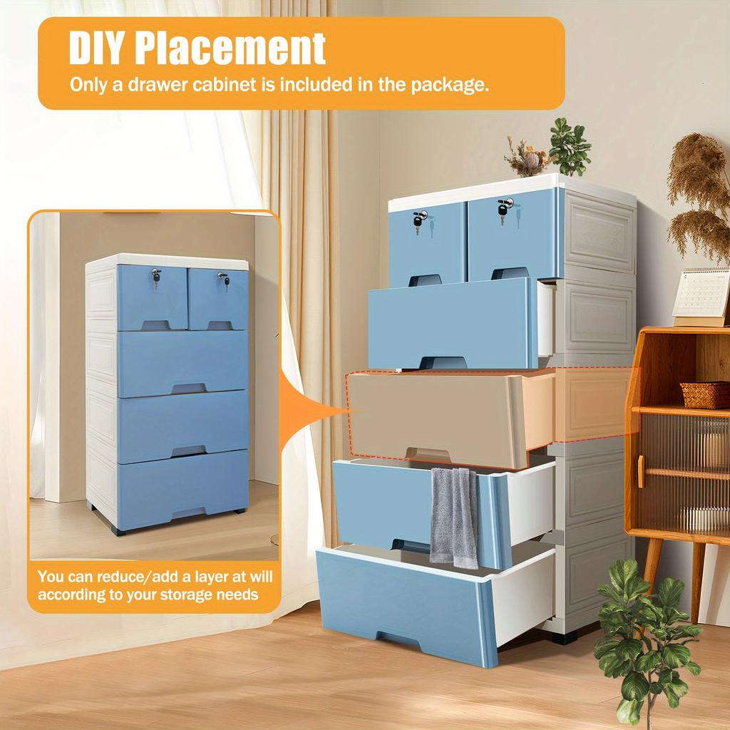 6-Drawer Modular Storage Cabinet – PP Plastic Dresser with Wheels & Locks – White/Blue – 50 x 35 x 102 cm