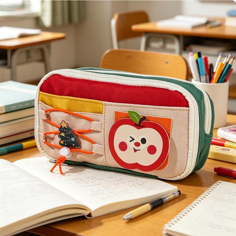 Color Block Double Zipper Pencil Bag, Front Elastic Band Design Cute Animal Patch Decor Stationery Organizer