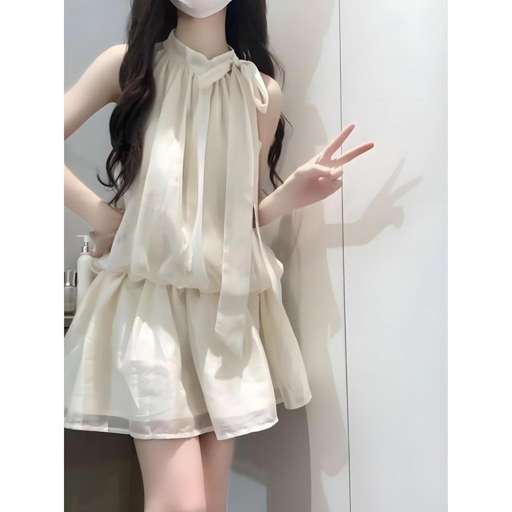 White Sleeveless Neck Suspender Dress Children's Summer Temperament Women's New Seaside Vacation Temperament Short Skirt