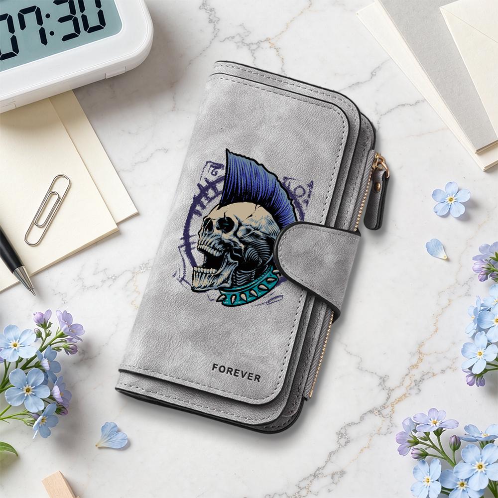 Skull Printed Long Wallet Punk Style Bifold Card Holder Large Capacity Casual Purse